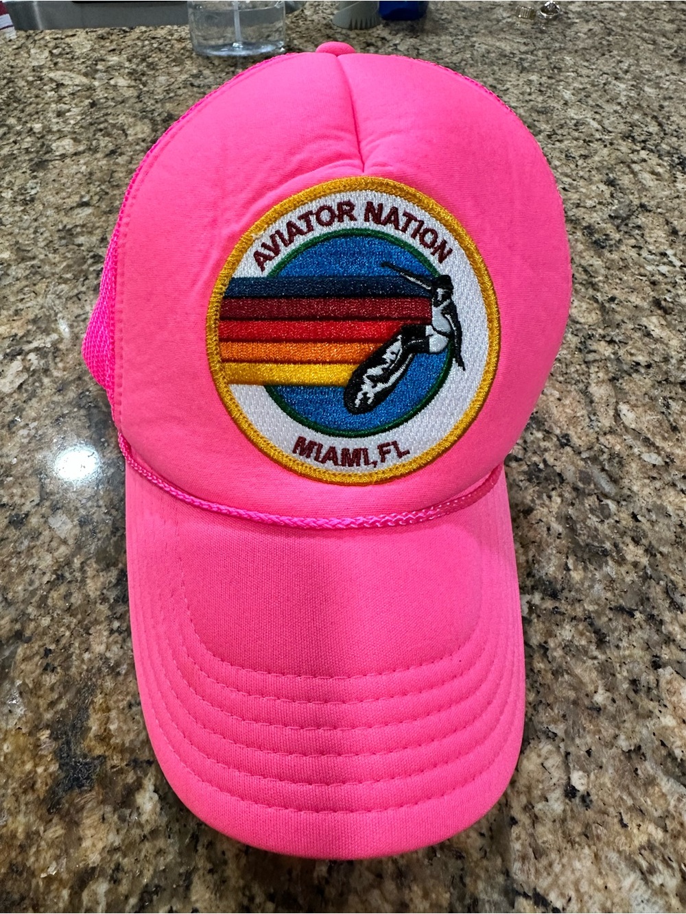 Aviator Nation Neon Pink Trucker Cap with Rainbow Patch